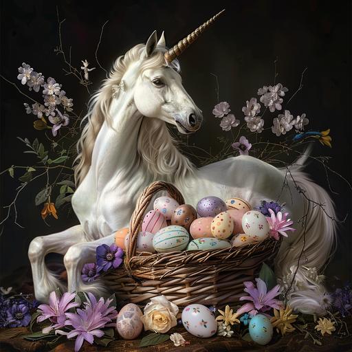 unicorn and easter egg basket dark background,ltalian style