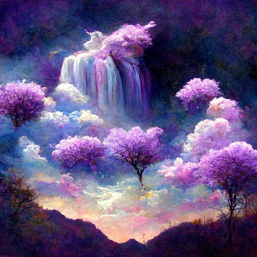 unicorn clouds sky purple tree flowers rose waterfall mountain star
