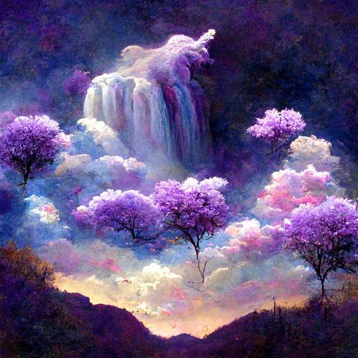 unicorn clouds sky purple tree flowers rose waterfall mountain star