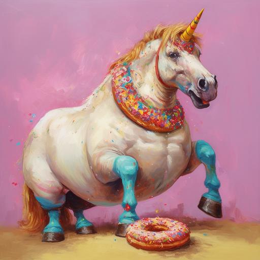 unicorn, fat, funny, eat donut, look happy