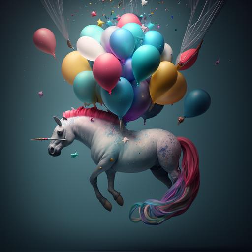 unicorn hanging on balloons