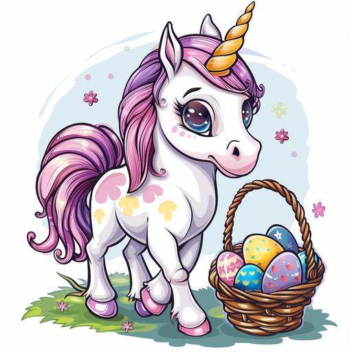 unicorn holding a basket of easter eggs,cartoon style