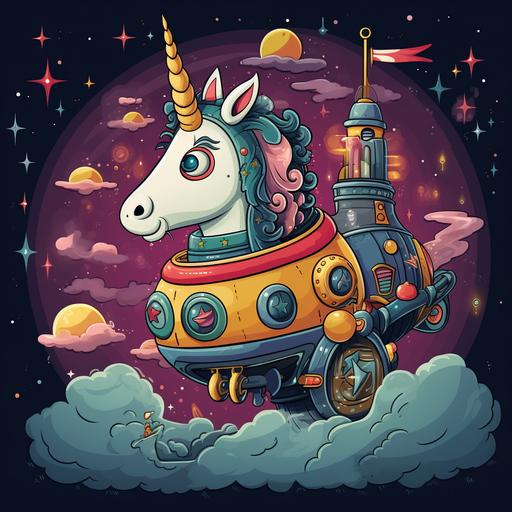 unicorn inside a rocketship cartoon