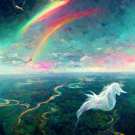 unicorn volando, paradise, rivers, lakes, money, rainbow