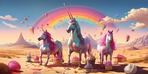 unicorns having a party in the desert. Illustration style. --ar 2:1