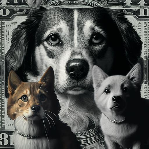 unique local nft of money, dog,cat in one frame, pixel image, face