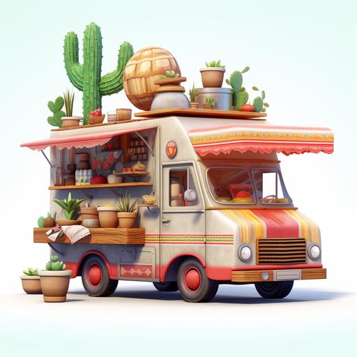 unique mexican food truck with cactus wearing a sombrero holding food. White background
