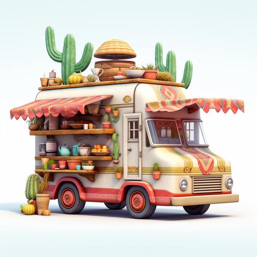 unique mexican food truck with cactus wearing a sombrero holding food. White background