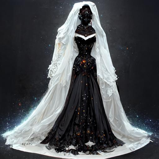 space universe fire armor divine black stars forest black hole woman white skin wedding dress long hair big eyes mature
