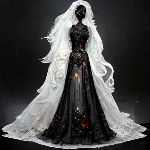 space universe fire armor divine black stars forest black hole woman white skin wedding dress long hair big eyes mature
