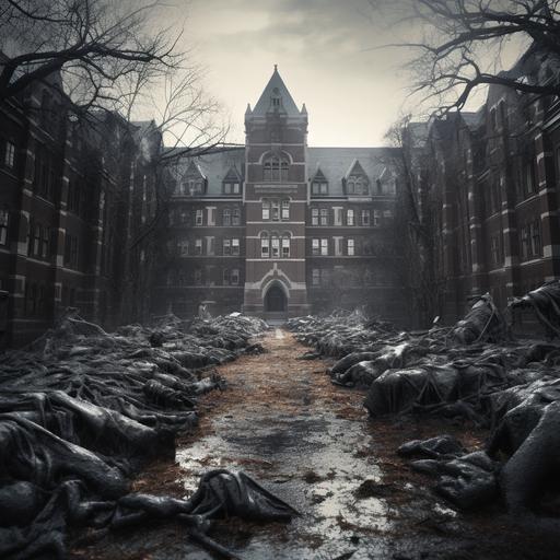 university campus day, gray brick university building, horror atmosphere, silent hill like monsters made out from vax crawling on ground, photo realistic