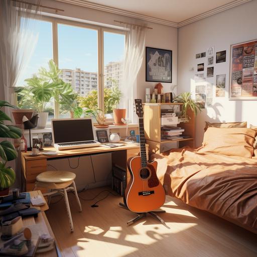 university student bedroom, contains closed window, natural lighting, posters on wall, has a study desk with laptop on the desk. TV and video game console in the corner. Guitar in the room