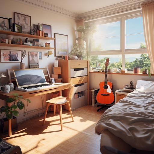 university student bedroom, contains closed window, natural lighting, posters on wall, has a study desk with laptop on the desk. TV and video game console in the corner. Guitar in the room
