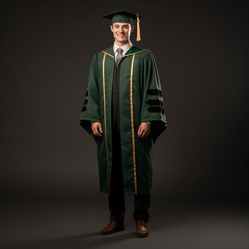 university student, graduation gown, doctoral hat, luxury, ancient greek custome, main color dark green, point color light beige, full body image