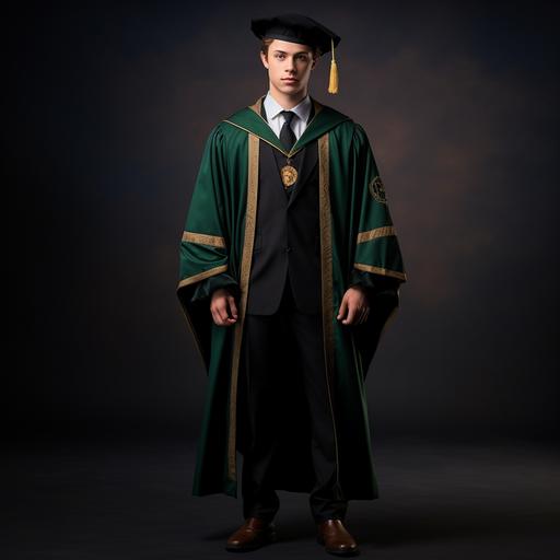 university student, graduation suit, doctoral hat, luxury, medieval aristocratic costume in Europe, main color dark green, secondary color light beige, full body image