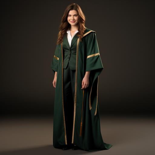 university woman's student, graduation suit with gown, doctoral hat, luxury, medieval aristocratic costume in Europe, main color dark green, secondary color light beige, full body image