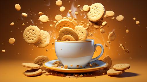 universo hecho de galletas en una taza de café gigante de color dorado con masmelos volando --ar 16:9