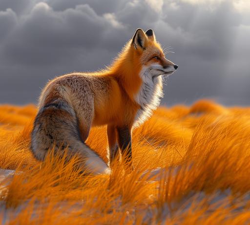 unobtrusive wildlife photography, a fox walking under grey clouds in the grass meadow at the end of winter, top-down, sunbeams piercing the grey clouds, shadow silhouette on the grass. high contrast --ar 107:97 --v 6.0 --s 1000