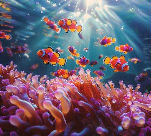 unobtrusive wildlife photography, clown fish colony swimming above the colorful anemone, top down, sun beams piercing the blue crystalline water. high contrast --ar 107:97 --v 6.0