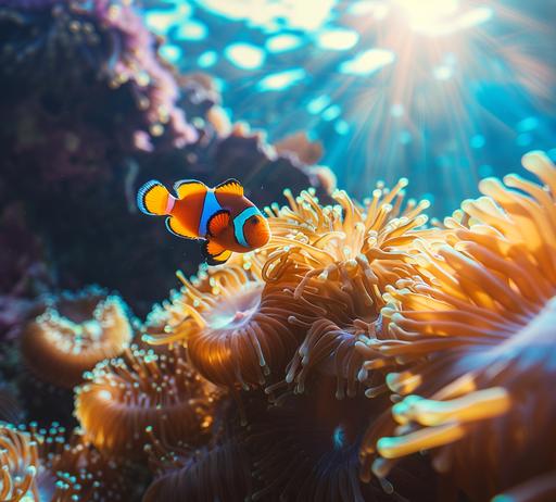 unobtrusive wildlife photography, clown fish swimming above the colorful anemone, top down, sun beams piercing the blue crystalline water. high contrast --ar 107:97 --v 6.0