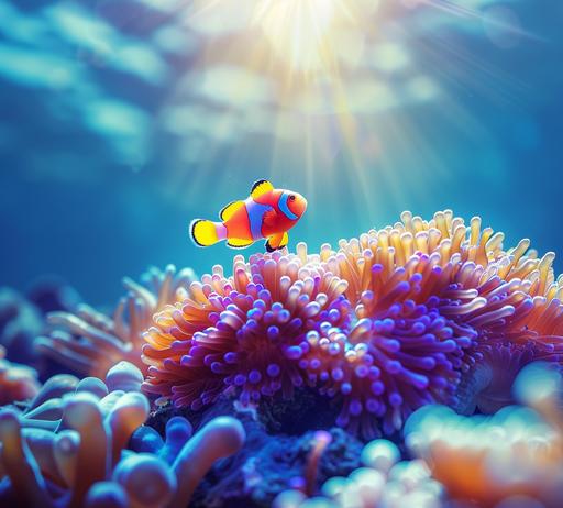 unobtrusive wildlife photography, clown fish swimming above the colorful anemone, top down, sun beams piercing the blue crystalline water. high contrast --ar 107:97 --v 6.0