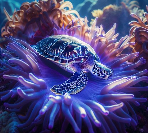 unobtrusive wildlife photography, turtle swimming above the colorful anemone, top down, sun beams piercing the blue crystalline water. high contrast --ar 107:97 --v 6.0
