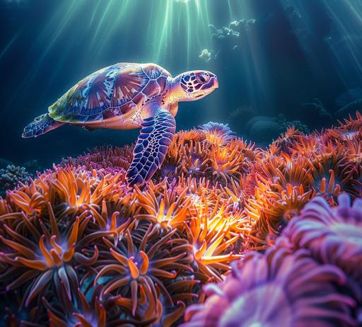 unobtrusive wildlife photography, turtle swimming above the colorful anemone, top down, sun beams piercing the blue crystalline water. high contrast --ar 107:97 --v 6.0