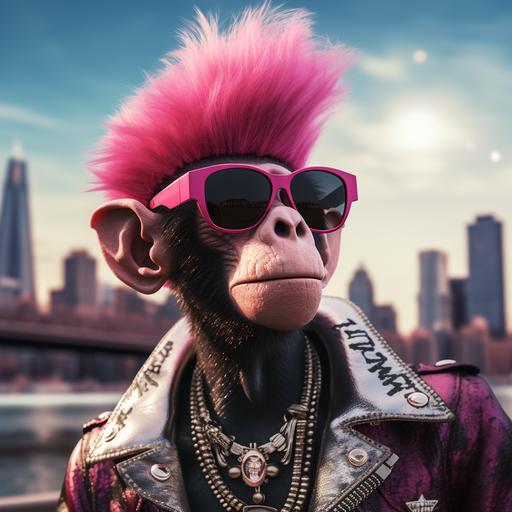 unreal engine monkey with heart shaped sunglasses and pink Mohawk. Close up with New York background