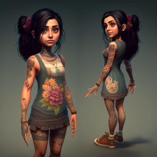 unreal engine render of cute brunette woman, big eyes, sharp edged eyebrows, plump lips, Indian nose , full body with tattoos, wearing a dress with boots, holding phone - @shrume (fast)