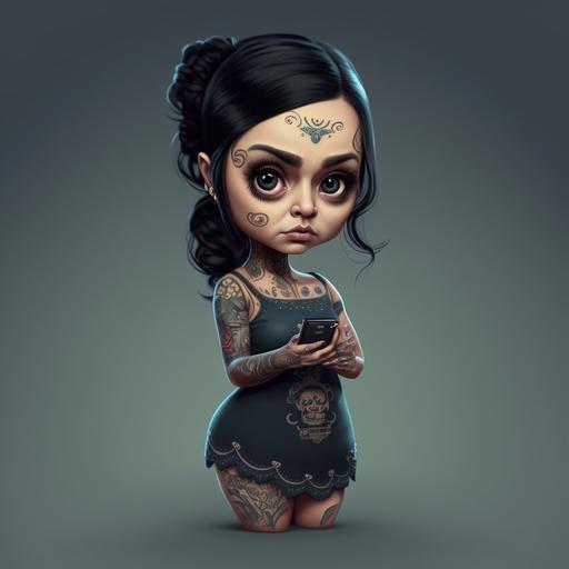unreal engine render of cute brunette woman, big eyes, sharp edged eyebrows, plump lips , sharp jaw , pale skin, Indian nose , full body with tattoos, wearing a dress with boots, holding phone