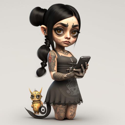 unreal engine render of cute brunette woman, big eyes, sharp edged eyebrows, plump lips, white skintone, Indian nose , full body with tattoos, wearing a dress with boots, holding phone