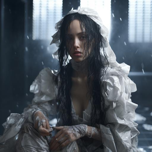 unreal engine surreal bizzaro world attractive 22 year old woman wearing wet tissue paper clothes strange