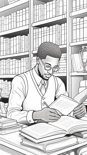 unrealistic outline african american man, reading book in library, outline coloring page, --ar 9:16