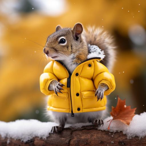 unsplash photo super details of small and cute squirrel wearing a yellow puffer west with Canadian goose logo, sits on a branch, strong bokeh, bright and abstract, background, cold, abstract background of nature, cold air, super realistic shot, close up, nature documentary, super detailed, Tone Mapping, insanely detailed and intricate, hyper maximalist, CGI, hyperrealistic, Kodak film, Shutter Speed 1/1000, F/22, White Balance, nature photography, hiphop, streetcar, super closeup