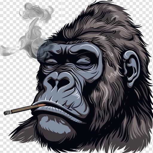 up close face cartoon of gorilla smoking a cigarette with a transparent background