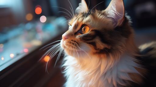 up-close micro of a abstract witches long-haired calico cat with bright yellow eyes realistic lighting 4k hdr --c 33 --ar 16:9 --s 750