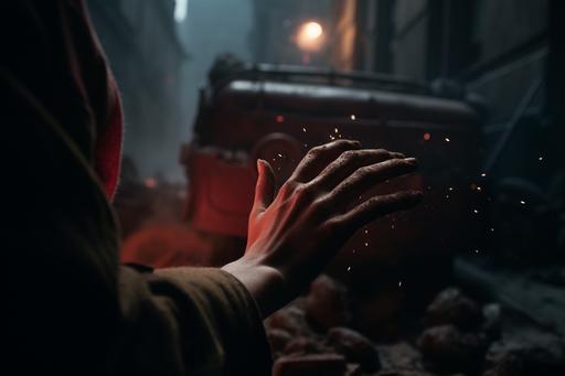 detail of hands of young woman is treating an injured boy, dark night, only flares light, red light from flying flares, red lights at night, Warsaw uprising, dynamic fight scene, boombing, two destroyed trams, Wajda movie style, ruins, dust, clouds and fog vfx --ar 3:2 --stylize 250 --v 5.0