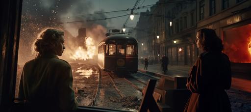 explosion in tram, only red light, young woman, interior of vintage tram, visible form outside, visible form street, dark night, only flares light, red light from flying flares, red lights at night, Warsaw uprising, dynamic fight scene, boombing, two destroyed trams, Wajda movie style, ruins, dust, clouds and fog vfx --stylize 250 --v 5.0
