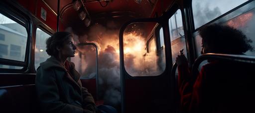 explosion in tram, only red light, young woman, interior of vintage tram, visible form outside, visible form street, dark night, only flares light, red light from flying flares, red lights at night, Warsaw uprising, dynamic fight scene, boombing, two destroyed trams, Wajda movie style, ruins, dust, clouds and fog vfx --stylize 250 --v 5.0