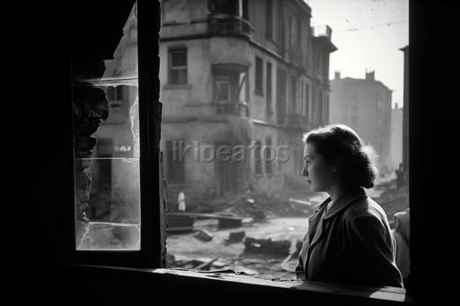 frame through a damaged window, 1944 Warsaw ruins, young woman in fornt of window with visible face, dark night with red flares lights, lot of light from red flares form the sky, Warsaw uprising, dynamic fight scene, boombing, nurse runing on the first plan, two destroyed trams on the second plan, destroyed street, ruins, dust, clouds and fog vfx, WWII --ar 3:2 --stylize 250 --v 5.0