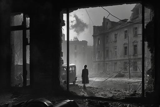 frame through a damaged window, 1944 Warsaw ruins, young woman in fornt of window with visible face, dark night with red flares lights, lot of light from red flares form the sky, Warsaw uprising, dynamic fight scene, boombing, nurse runing on the first plan, two destroyed trams on the second plan, destroyed street, ruins, dust, clouds and fog vfx, WWII --ar 3:2 --stylize 250 --v 5.0