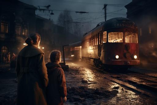 young woman is treating an injured boy, dark night, only flares light, red light from flying flares, red lights at night, Warsaw uprising, dynamic fight scene, boombing, two destroyed trams, Wajda movie style, ruins, dust, clouds and fog vfx --ar 3:2 --stylize 250 --v 5.0