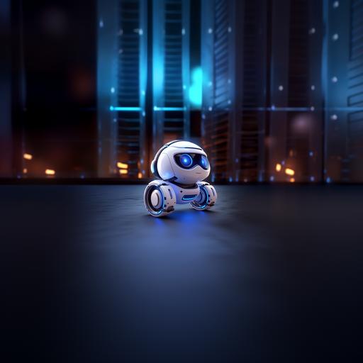 uper cute robot on small wheels, stocky arms, colors white and blue, unreal engine, tron, wall-e, hyper detailed, volumentric lighting, pixar