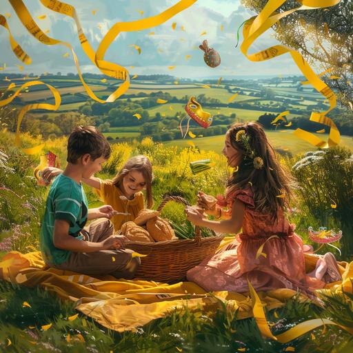 uperealistic image in a country side field with a closed up of a family having fun while sitting down having a piknik with a basket with bread and green vegetables inside on top of a yellow blanket. Next to the basket put a canrival mask and flying carnival yellow and fushia streamers around