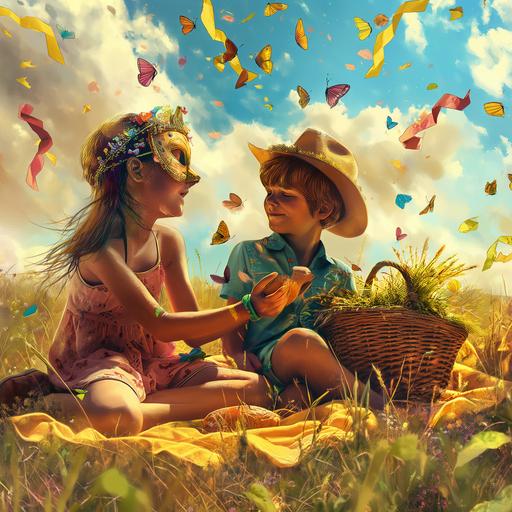 uperealistic image in a country side field with a closed up of kids having fun while sitting down having a piknik with a basket with bread and green vegetables inside on top of a yellow blanket. Next to the basket put a canrival mask and flying carnival yellow and fushia streamers around - The girl wwears a crown and the boy a cowboy hat --v 6.0