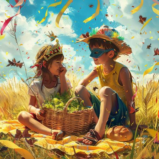 uperealistic image in a country side field with a closed up of kids having fun while sitting down having a piknik with a basket with bread and green vegetables inside on top of a yellow blanket. Next to the basket put a canrival mask and flying carnival yellow and fushia streamers around - The girl wwears a crown and the boy a cowboy hat