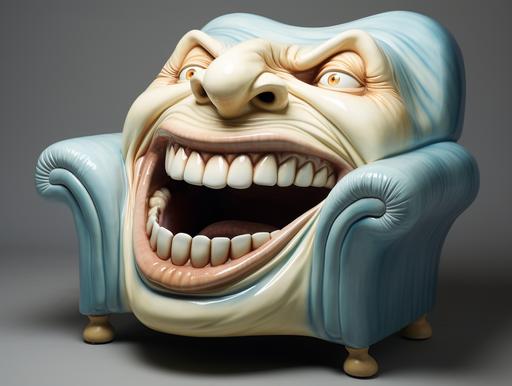 upholstery arm chair eating people who want to sit on it, big mouth and sharp teeth, funny caricature --ar 4:3