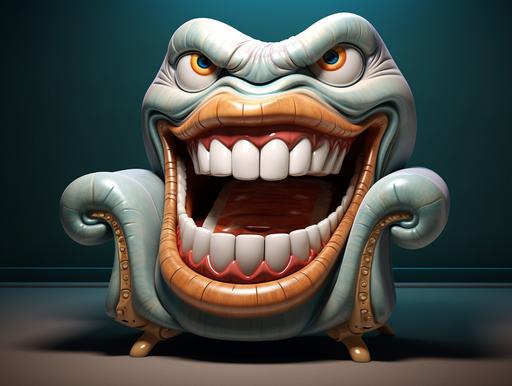 upholstery arm chair eating people who want to sit on it, big mouth and sharp teeth, funny caricature --ar 4:3