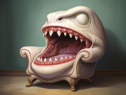 upholstery arm chair eating people who want to sit on it, big mouth and sharp teeth, funny caricature --ar 4:3