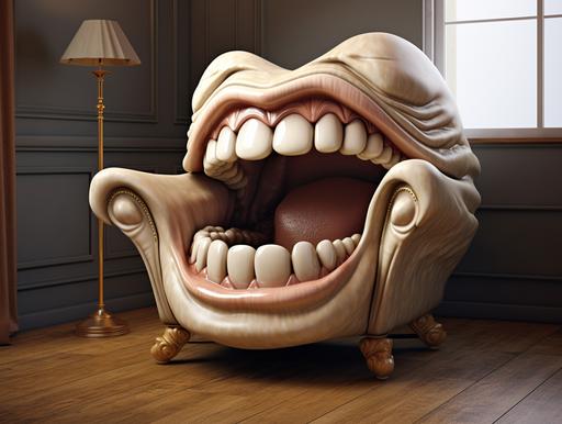 upholstery arm chair eating people who want to sit on it, big mouth and sharp teeth, funny caricature --ar 4:3